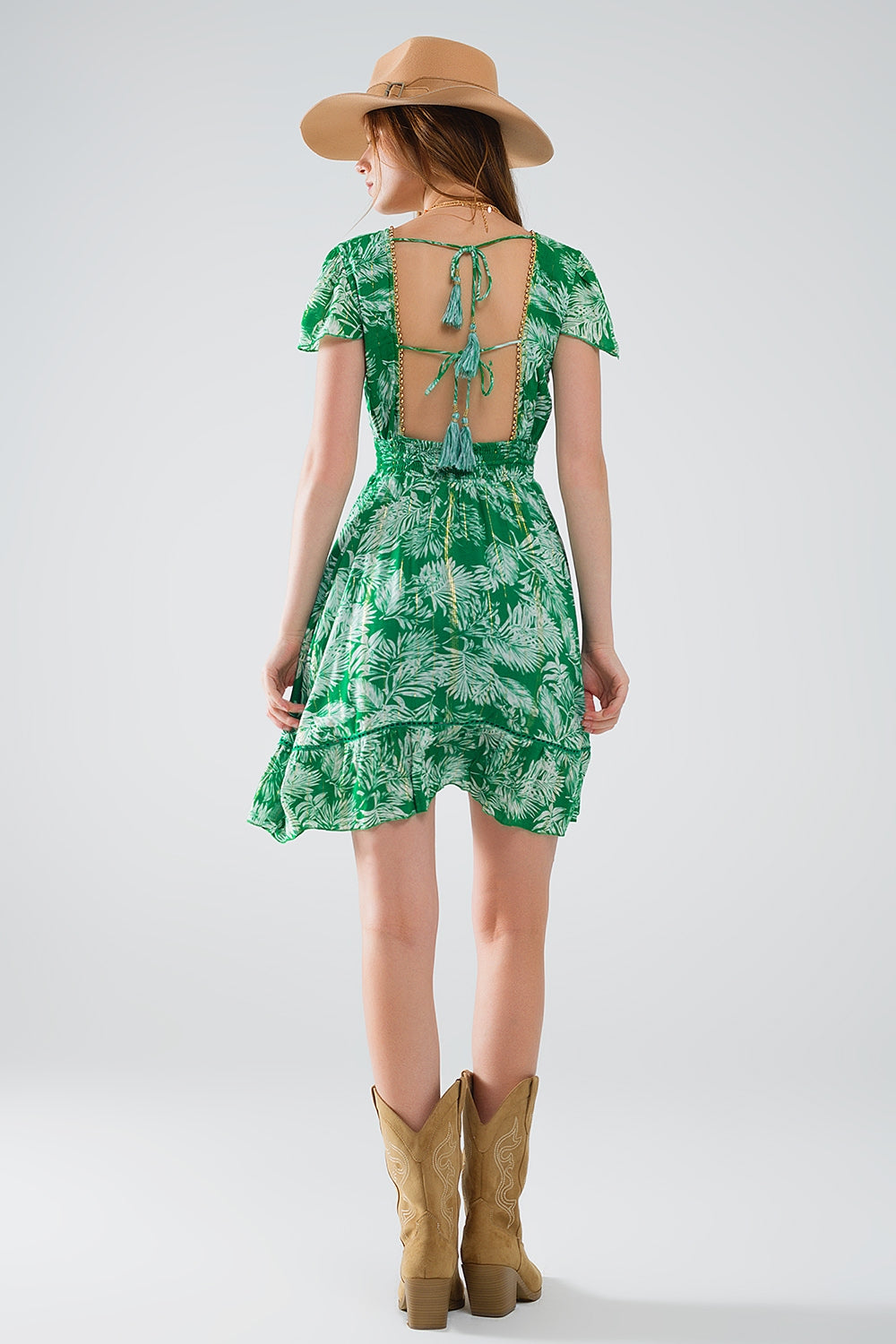 short green boho flower print dress with open back Q2 Dresses BoutiqueLua