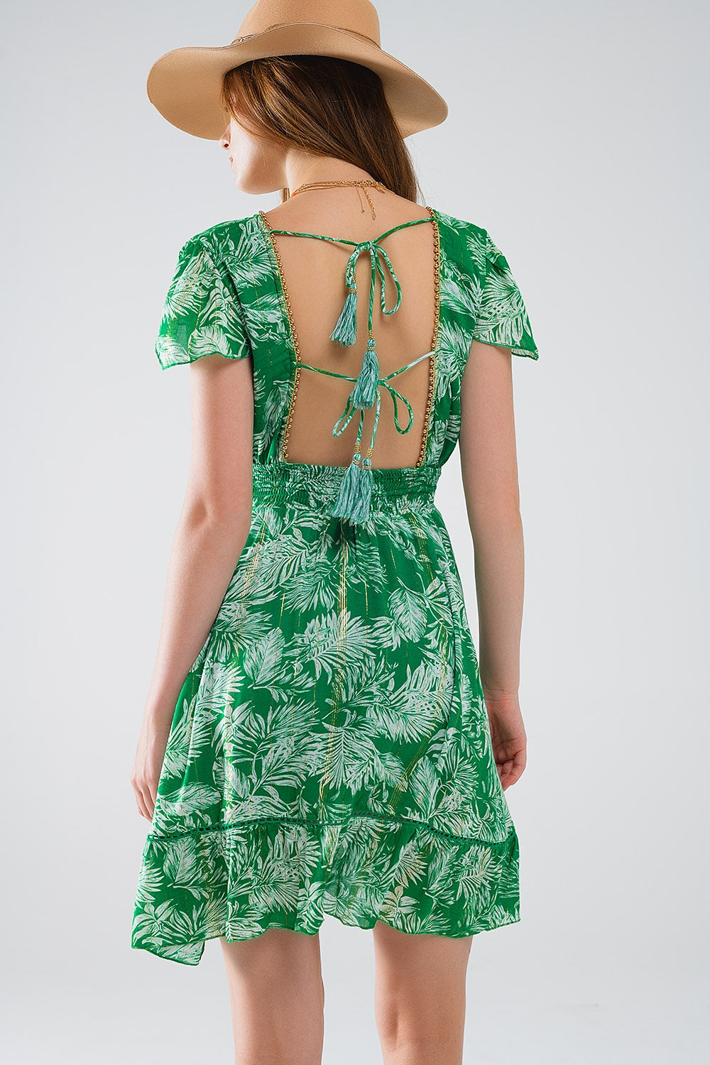 short green boho flower print dress with open back Q2 Dresses BoutiqueLua