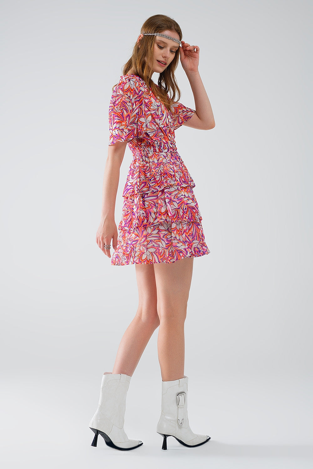 Short Multicolor chiffon Dress with Floral print and Ruched Design Q2 Dresses BoutiqueLua