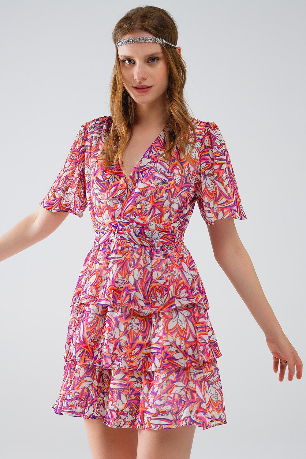 Short Multicolor chiffon Dress with Floral print and Ruched Design Q2 Dresses BoutiqueLua