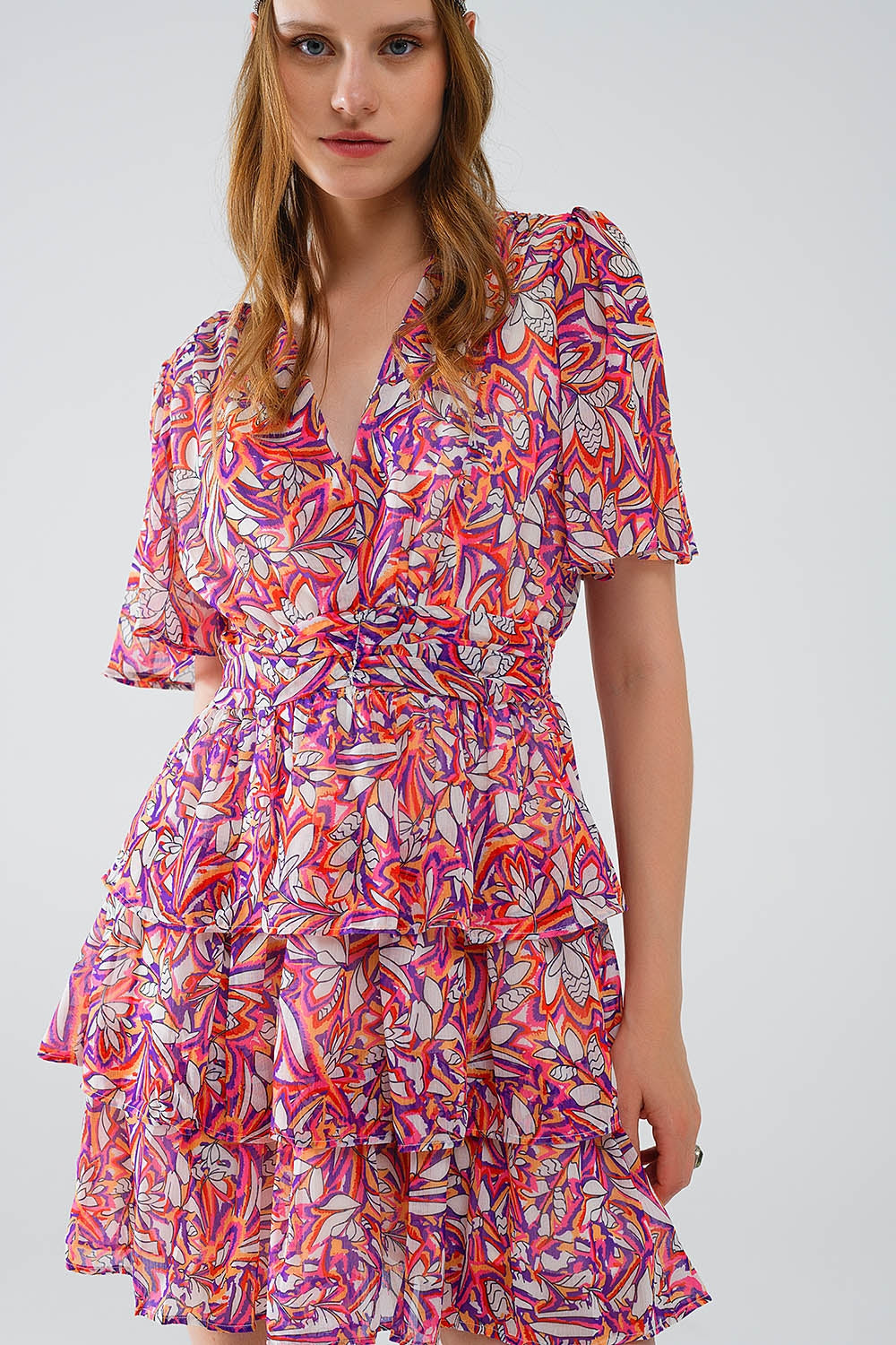 Short Multicolor chiffon Dress with Floral print and Ruched Design Q2 Dresses BoutiqueLua