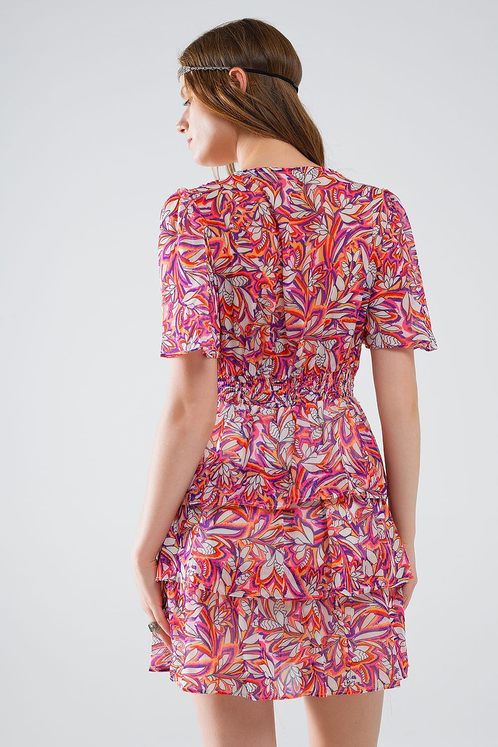 Short Multicolor chiffon Dress with Floral print and Ruched Design Q2 Dresses BoutiqueLua