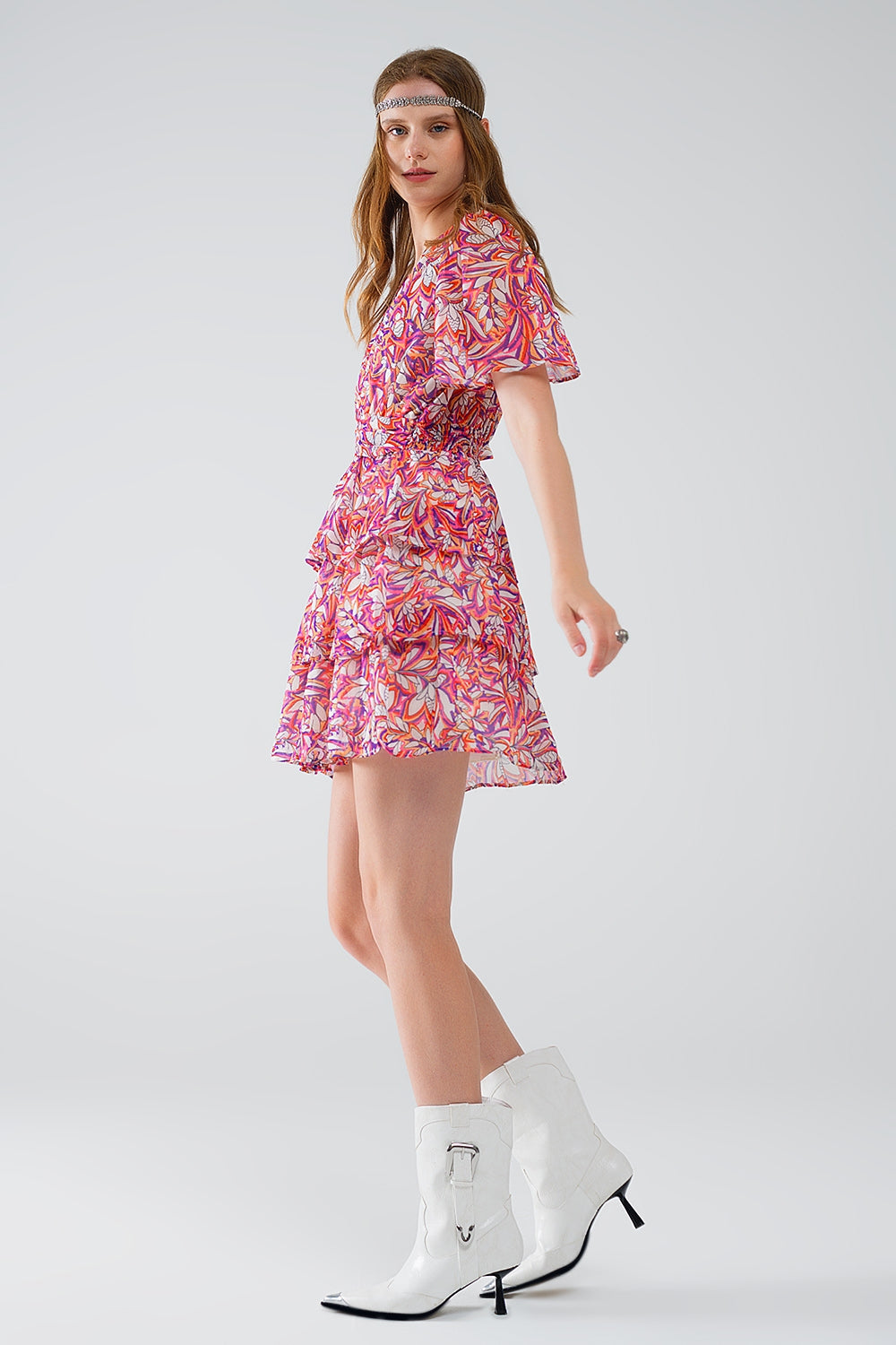 Short Multicolor chiffon Dress with Floral print and Ruched Design Q2 Dresses BoutiqueLua