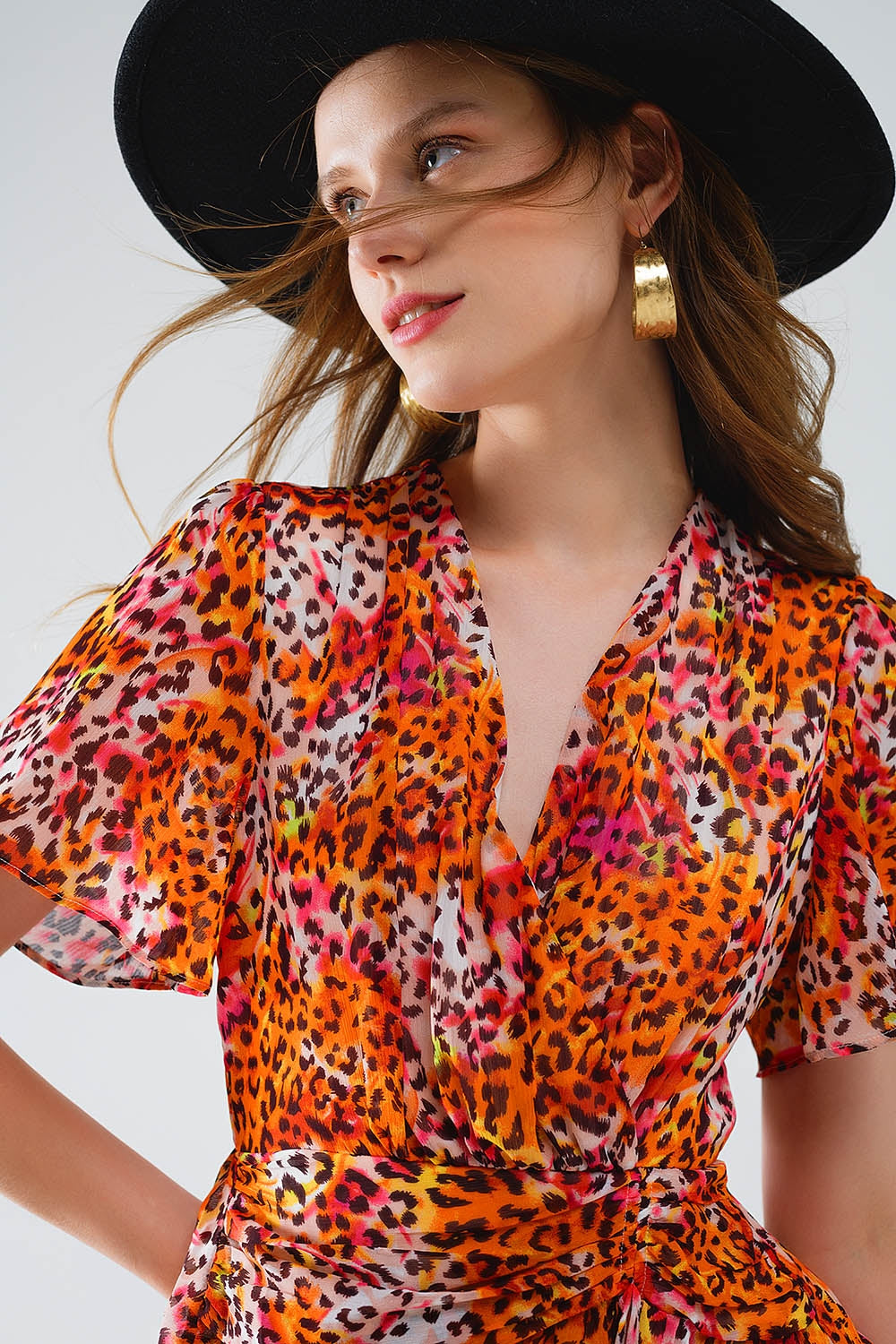 Short Orange Multicolored Dress With Crossed Top with Animal Print Q2 Dresses BoutiqueLua