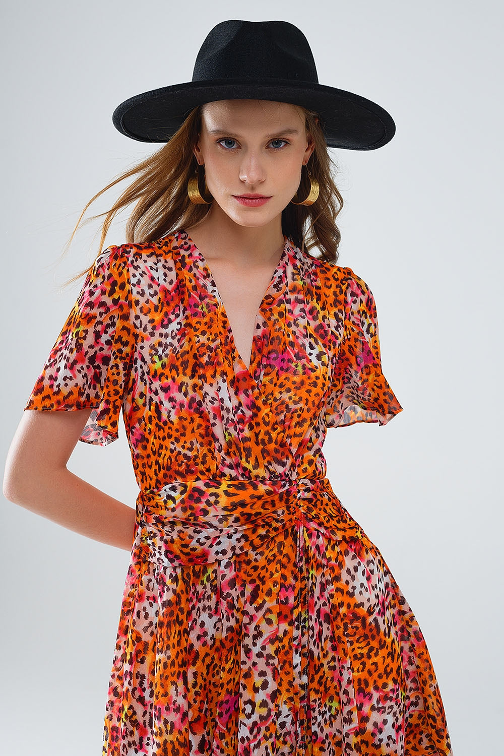 Short Orange Multicolored Dress With Crossed Top with Animal Print Q2 Dresses BoutiqueLua