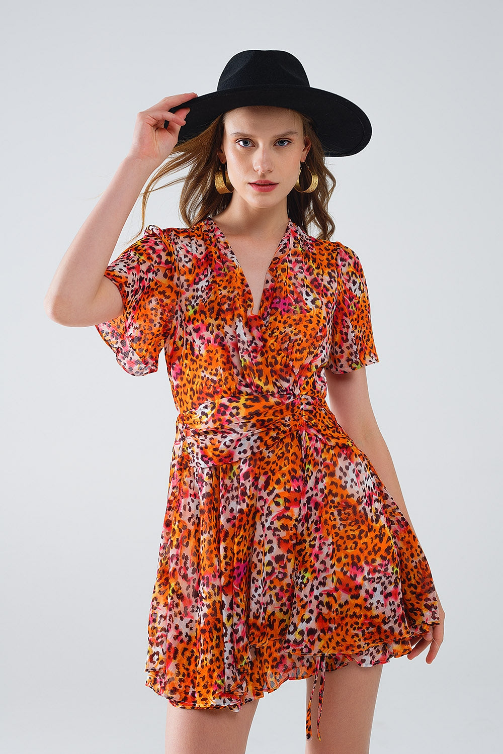 Short Orange Multicolored Dress With Crossed Top with Animal Print Q2 Dresses BoutiqueLua
