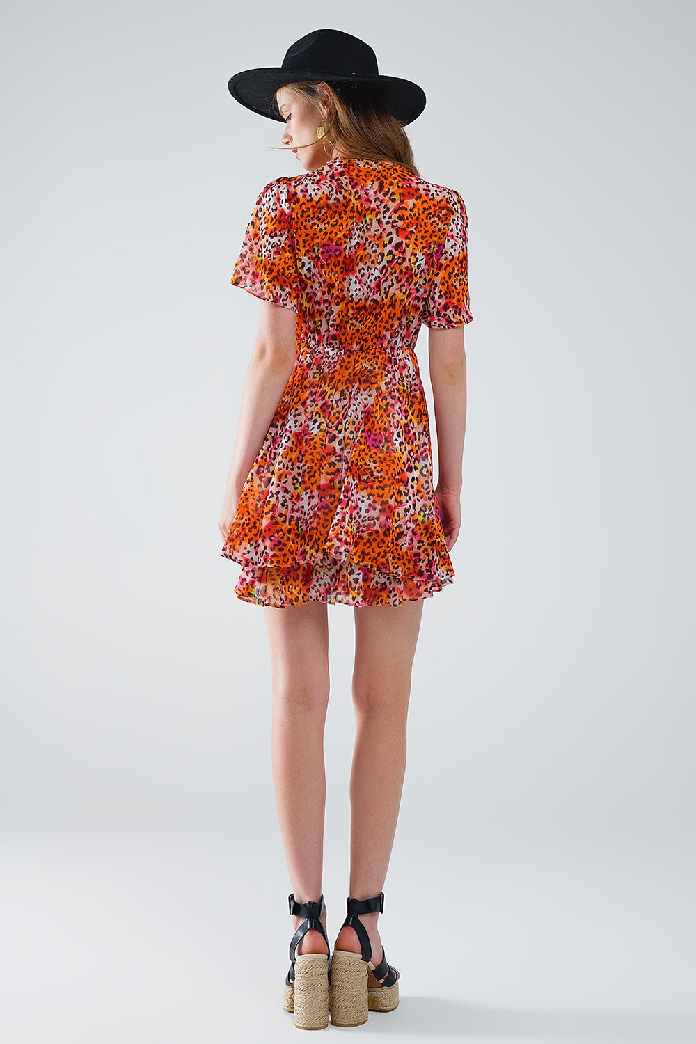 Short Orange Multicolored Dress With Crossed Top with Animal Print Q2 Dresses BoutiqueLua