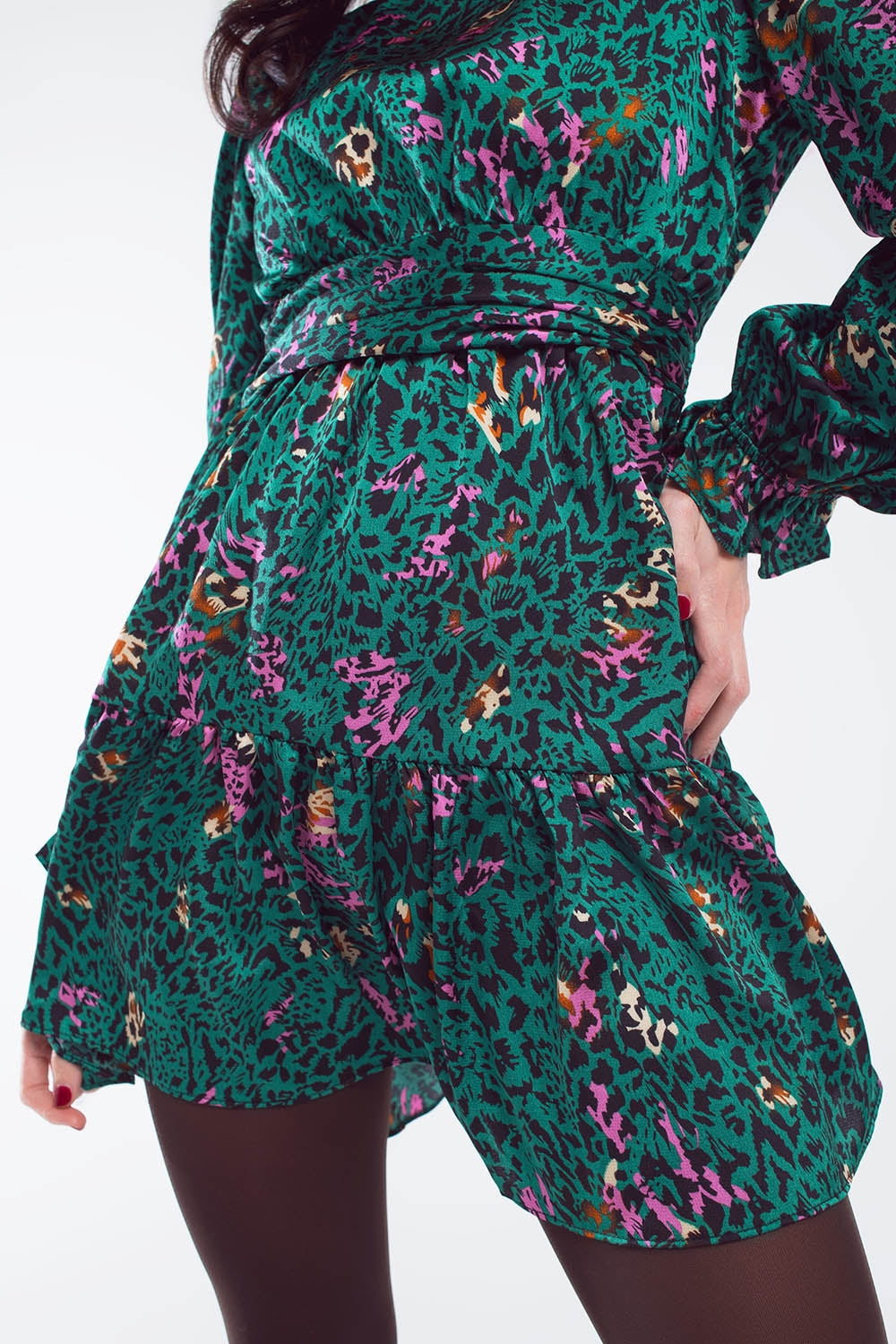 Short Printed Dress With Tiered Skirt and Ruffled Cuff in Forest Green Q2 Dresses BoutiqueLua