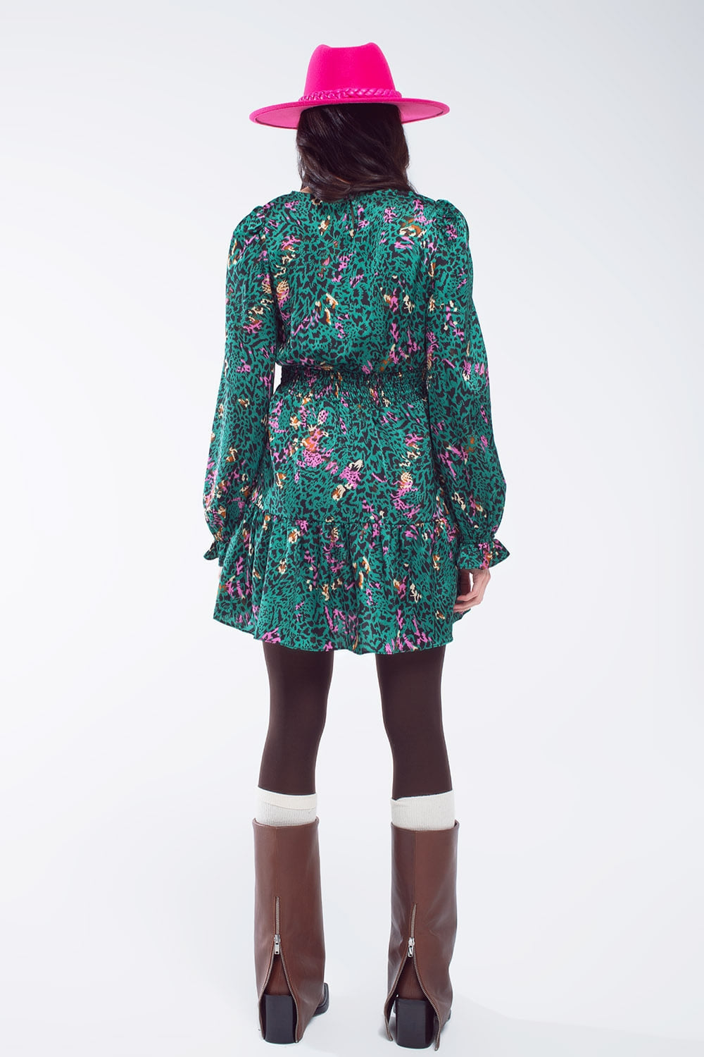 Short Printed Dress With Tiered Skirt and Ruffled Cuff in Forest Green Q2 Dresses BoutiqueLua