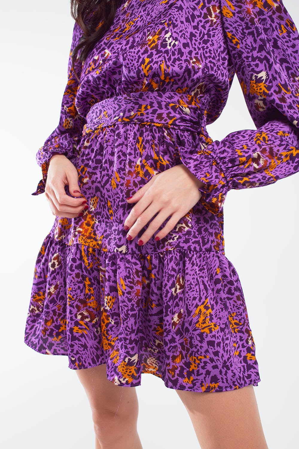 Short Printed Dress With Tiered Skirt and Ruffled Cuff in Purple Q2 Dresses BoutiqueLua