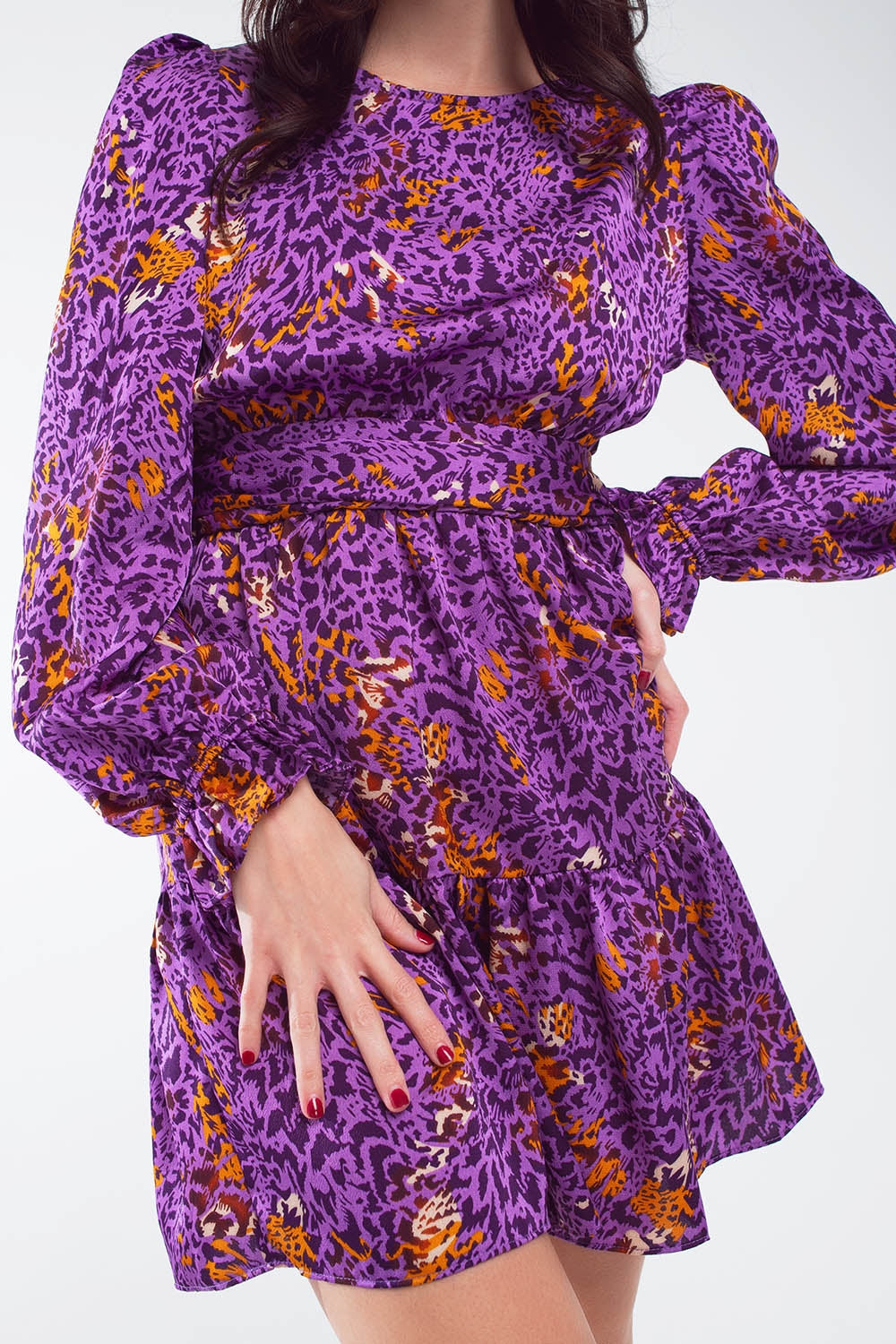 Short Printed Dress With Tiered Skirt and Ruffled Cuff in Purple Q2 Dresses BoutiqueLua