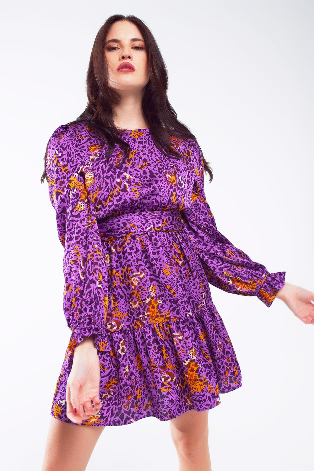 Short Printed Dress With Tiered Skirt and Ruffled Cuff in Purple Q2 Dresses BoutiqueLua