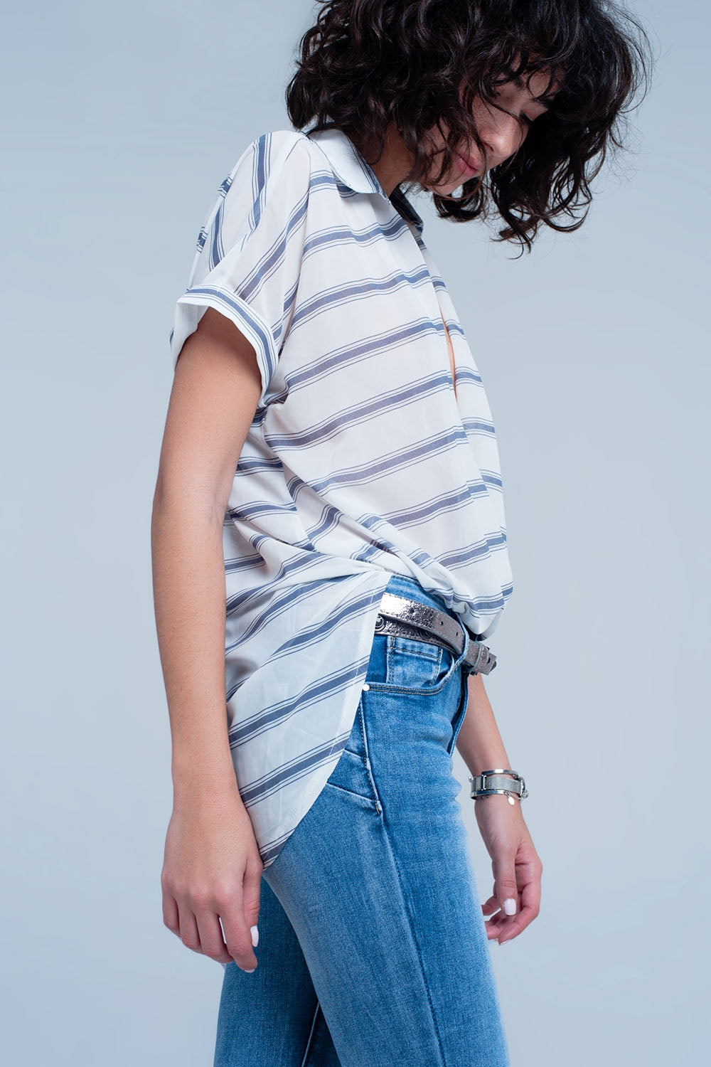 White short sleeve drape wrap blouse with blue striped design Q2 Shirts BoutiqueLua