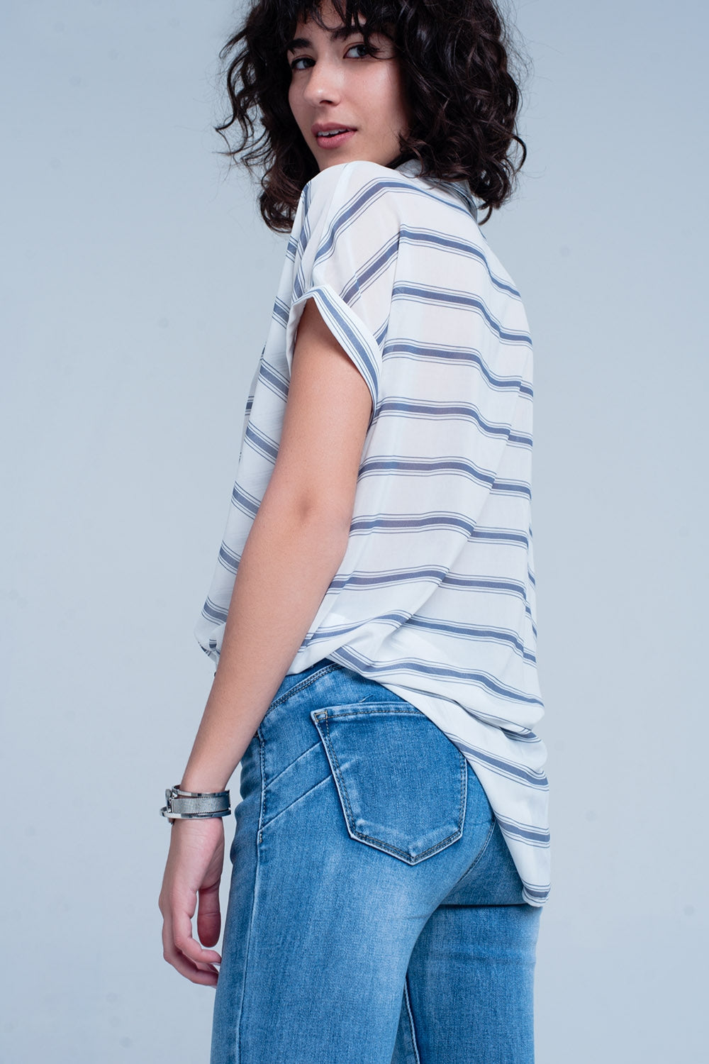 White short sleeve drape wrap blouse with blue striped design Q2 Shirts BoutiqueLua