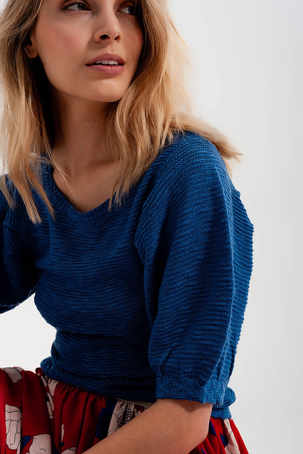 Short sleeve knitted top in blue Q2 Sweaters BoutiqueLua