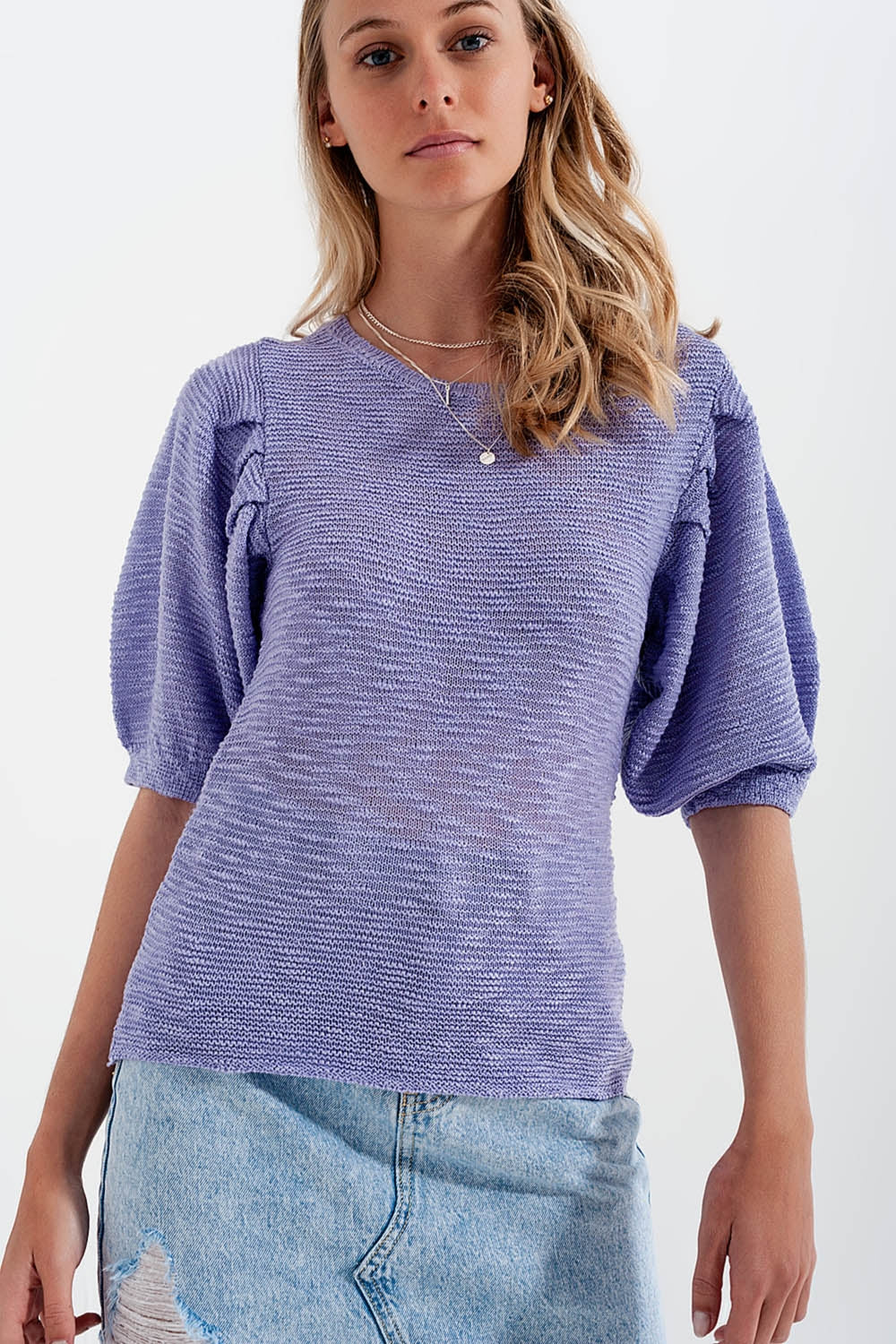 Short sleeve knitted top in violet Q2 Sweaters BoutiqueLua