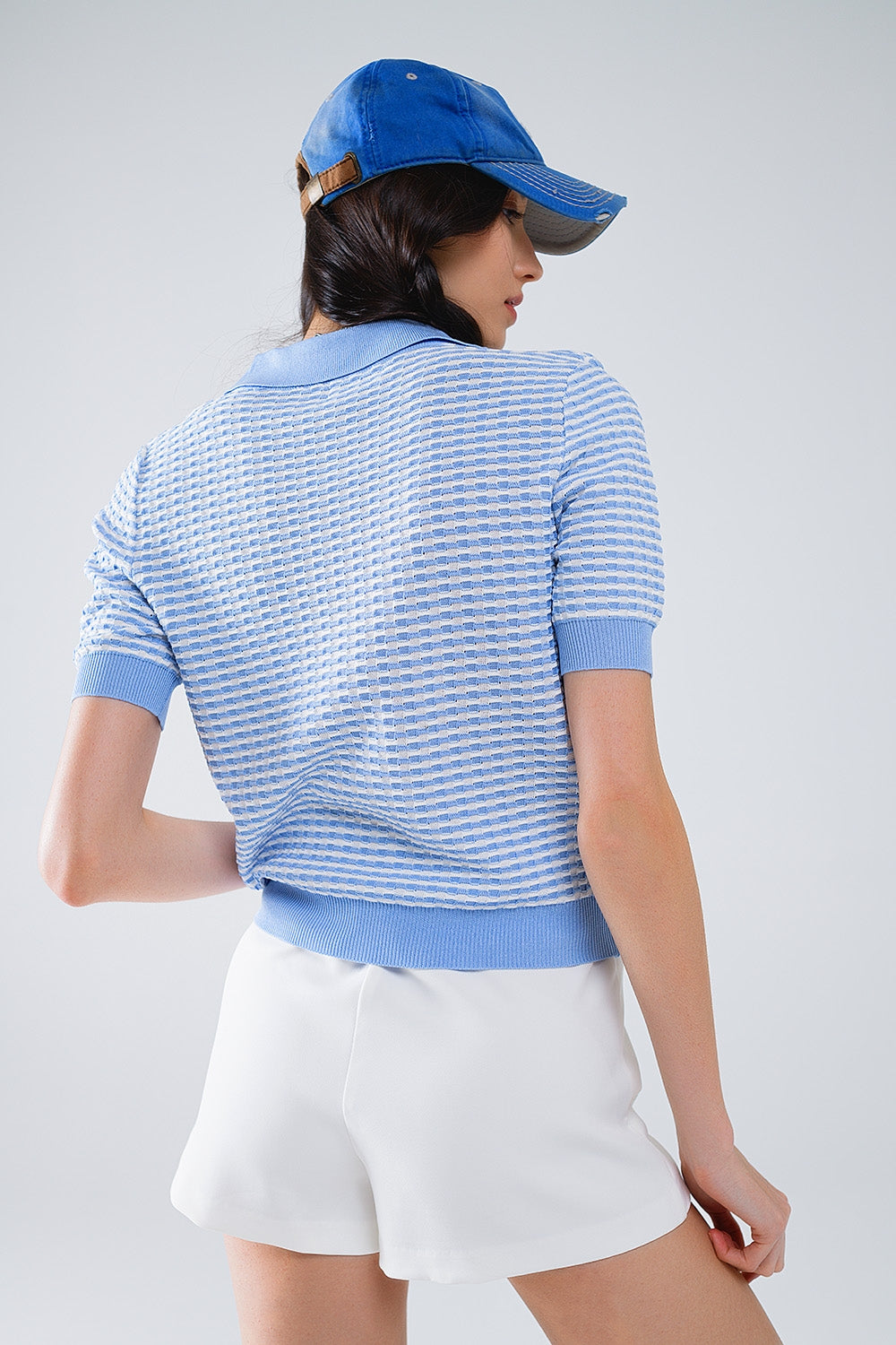 Short Sleeve Polo In Blue With White Stripes Q2 Sweaters BoutiqueLua