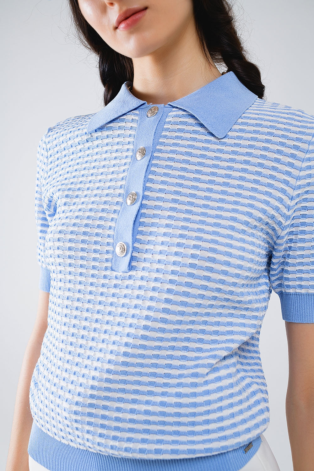 Short Sleeve Polo In Blue With White Stripes Q2 Sweaters BoutiqueLua