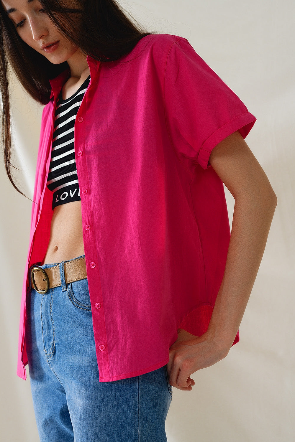 Short Sleeve Relaxed Button Up Shirt in Fuchsia Q2 Shirts BoutiqueLua