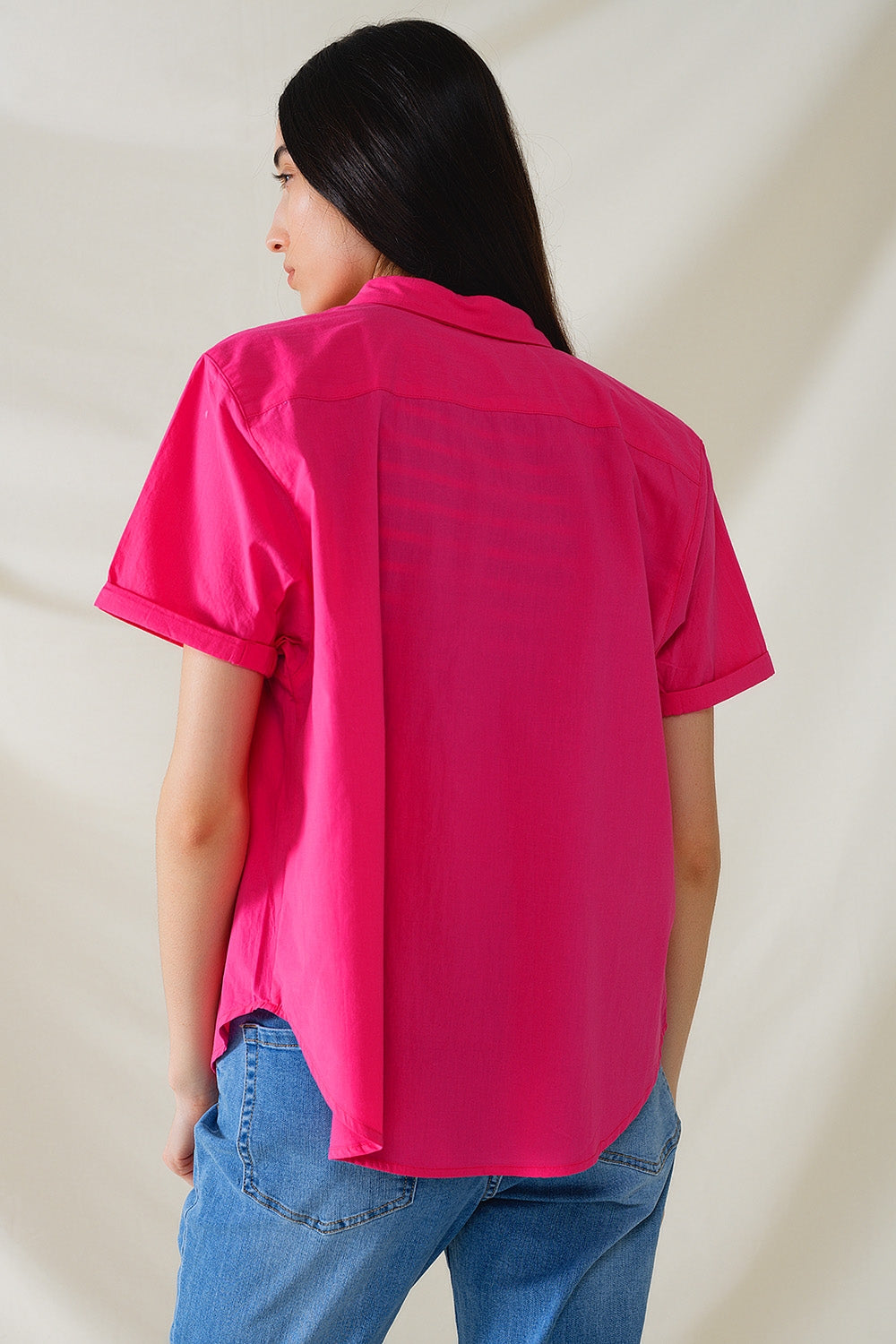 Short Sleeve Relaxed Button Up Shirt in Fuchsia Q2 Shirts BoutiqueLua