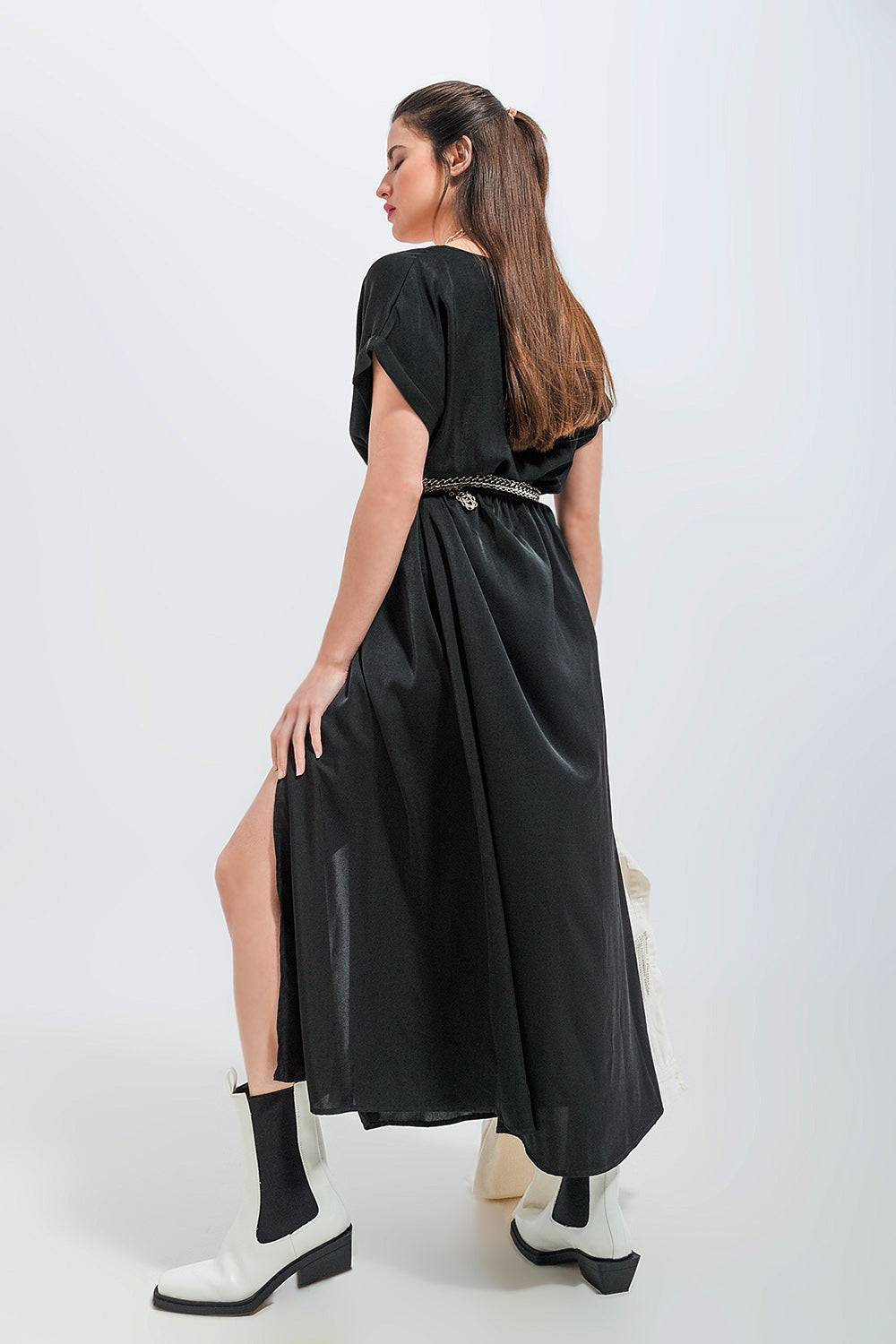 Short sleeve satin maxi dress in black Q2 Dresses BoutiqueLua