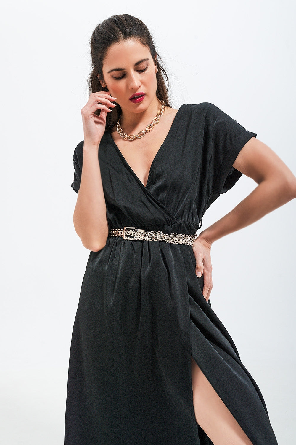 Short sleeve satin maxi dress in black Q2 Dresses BoutiqueLua