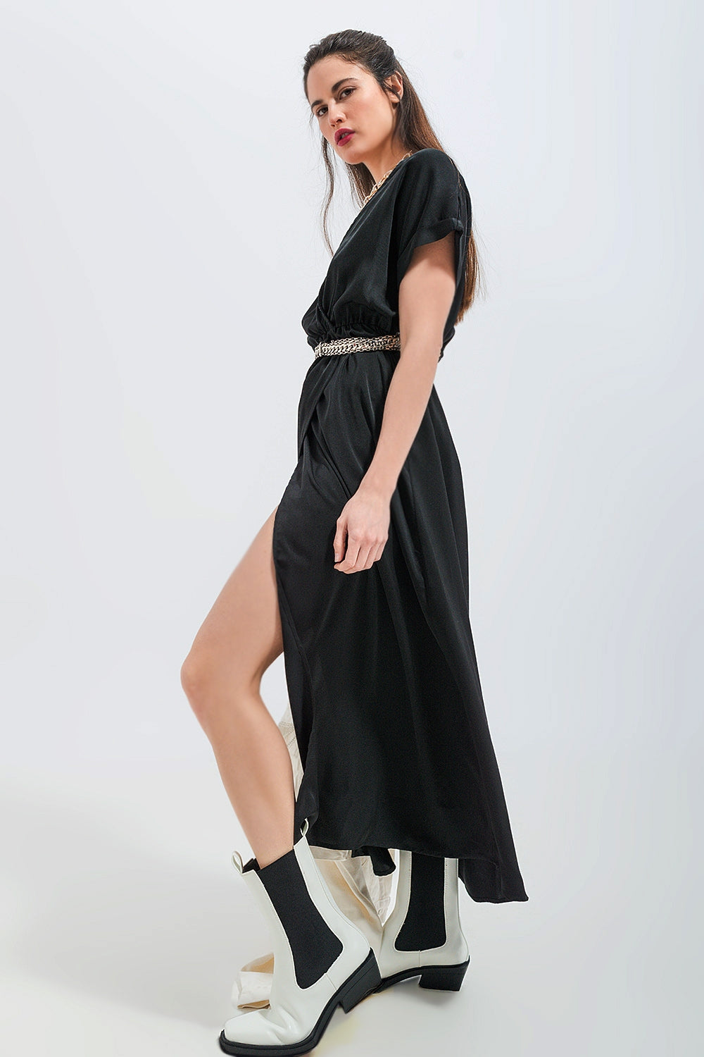 Short sleeve satin maxi dress in black Q2 Dresses BoutiqueLua