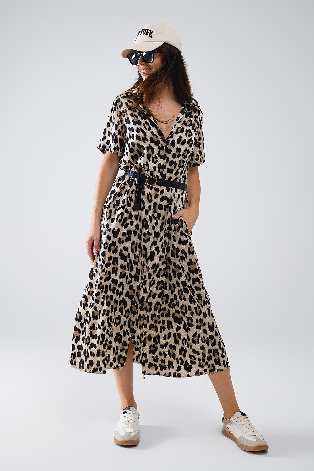 Short Sleeve Shirt Midi Dress With Belt In Leopard Print Q2 Dresses BoutiqueLua