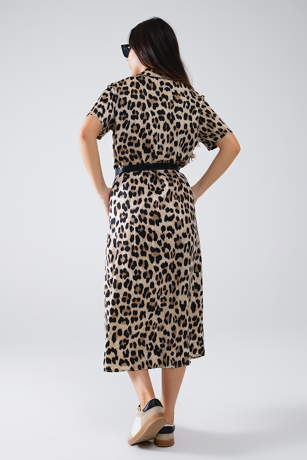 Short Sleeve Shirt Midi Dress With Belt In Leopard Print Q2 Dresses BoutiqueLua