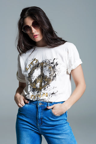 Short Sleeve T-shirt With Graphic Peace Sign Design At The Front In Cream