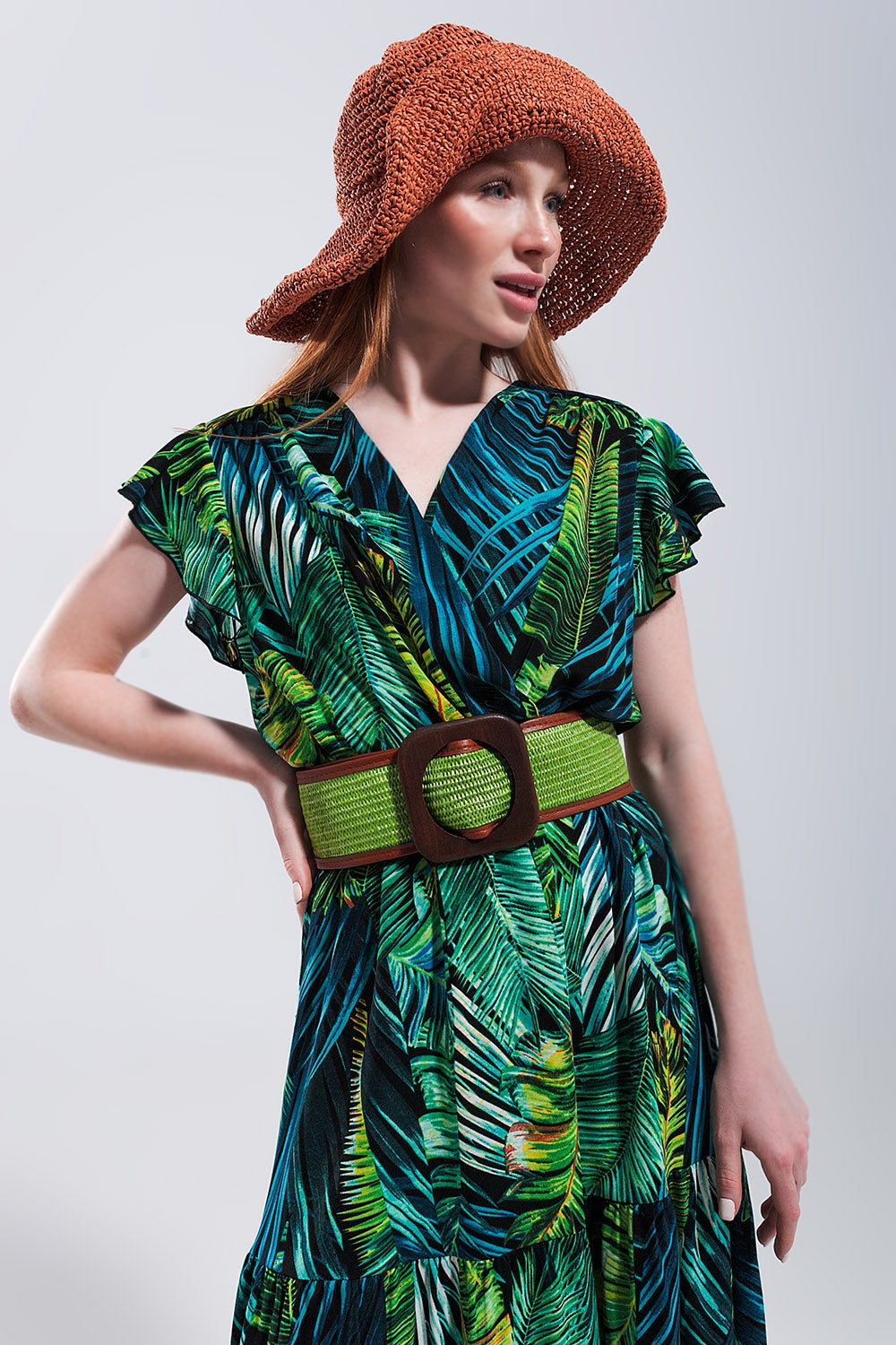 Short sleeve tiered midi dress in tropical print Q2 Dresses BoutiqueLua