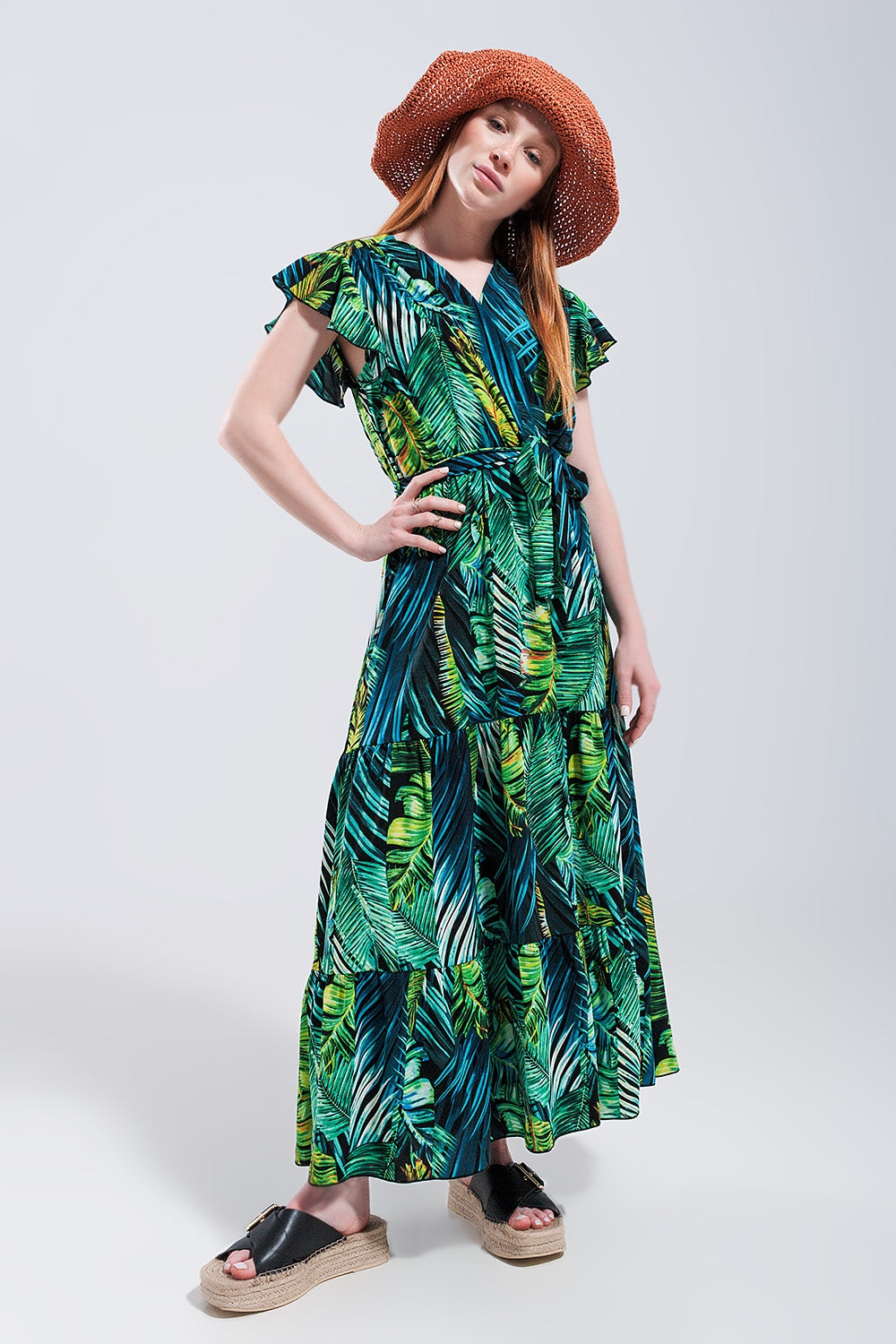 Short sleeve tiered midi dress in tropical print Q2 Dresses BoutiqueLua