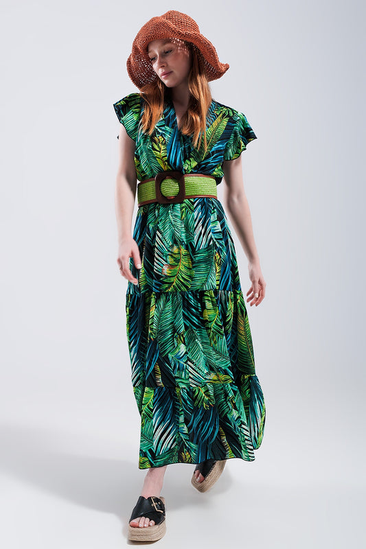 Q2 Short sleeve tiered midi dress in tropical print