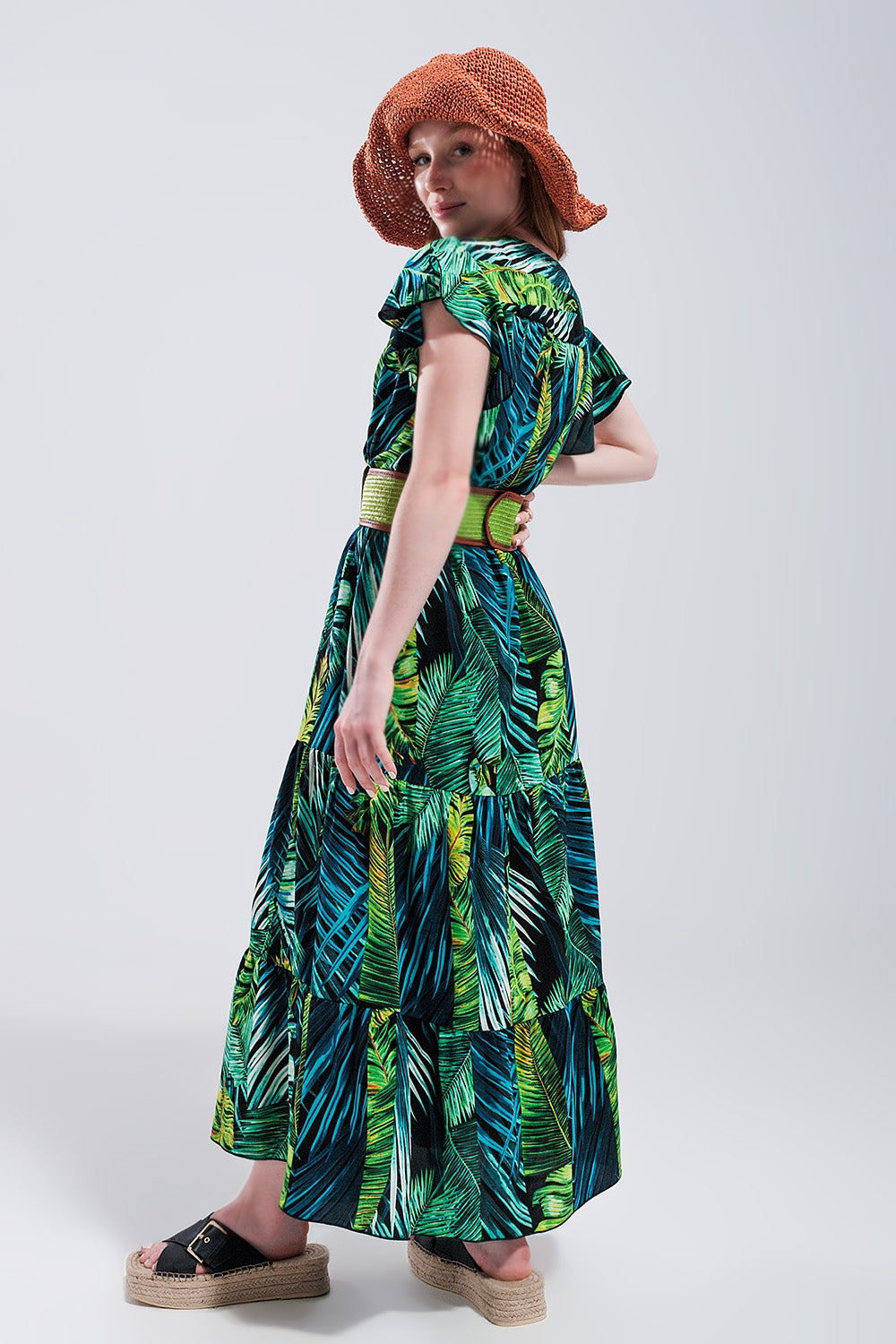 Short sleeve tiered midi dress in tropical print Q2 Dresses BoutiqueLua