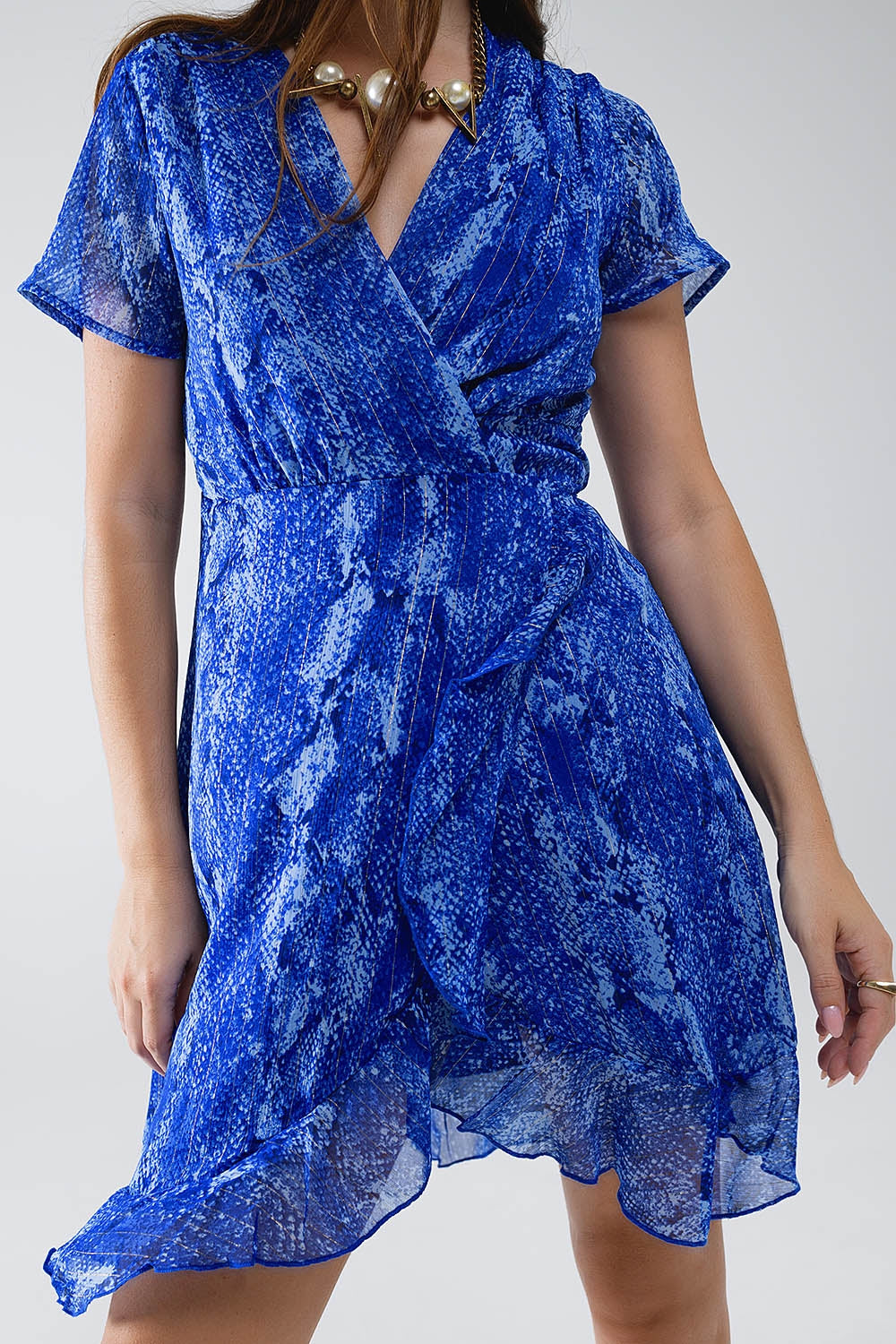 Short Wrap Dress in blue animal printed and Gold lurex Q2 Dresses BoutiqueLua