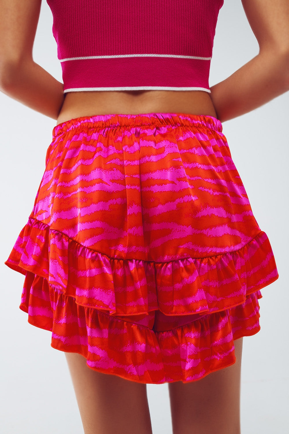 Shorts With Frilly Hem In Zebra Print In Orange And Fuchsia Q2 Pants BoutiqueLua