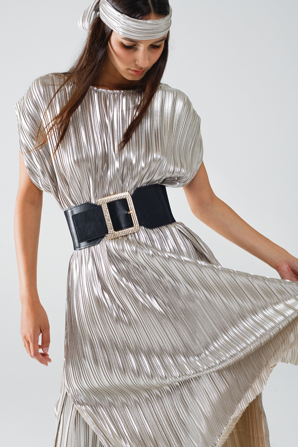 Silver Pleated Dress With Belt And Short Sleeves Q2 Dresses BoutiqueLua