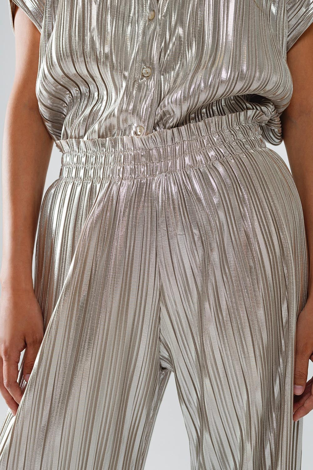 Silver Pleated Pants With Elastic Waistband Q2 Pants BoutiqueLua