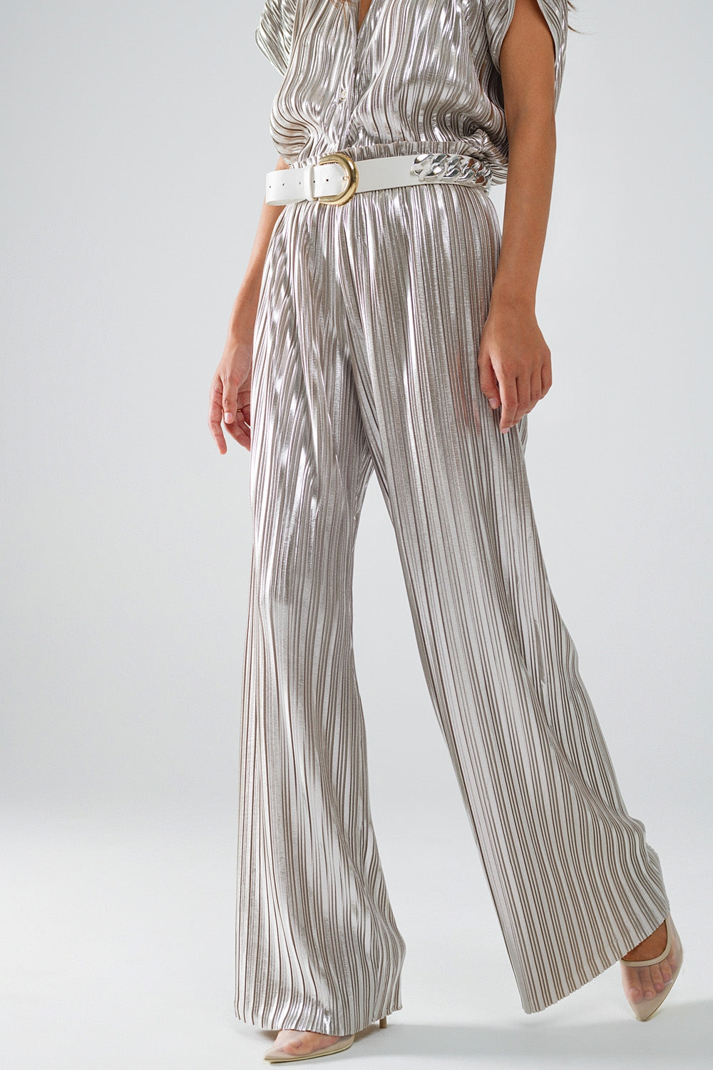 Silver Pleated Pants With Elastic Waistband Q2 Pants BoutiqueLua