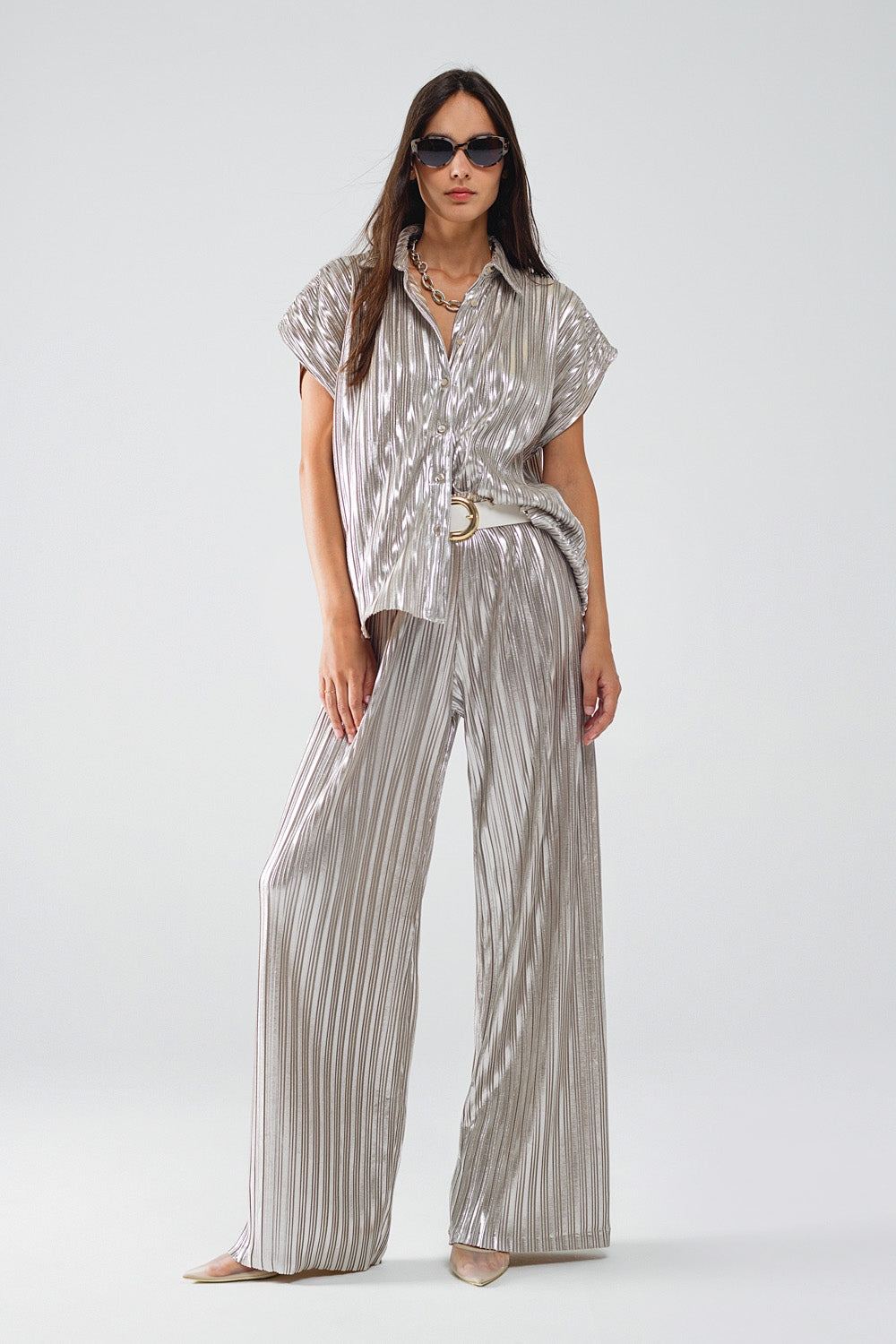 Silver Pleated Pants With Elastic Waistband Q2 Pants BoutiqueLua