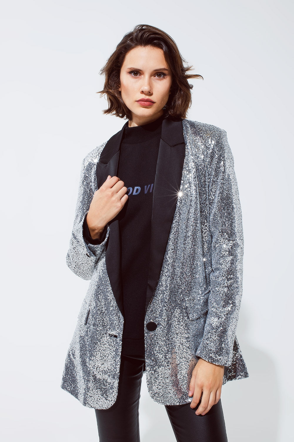 Silver Sequin tuxedo Blazer with Satin Black Lapels Q2 Coats and Jackets BoutiqueLua