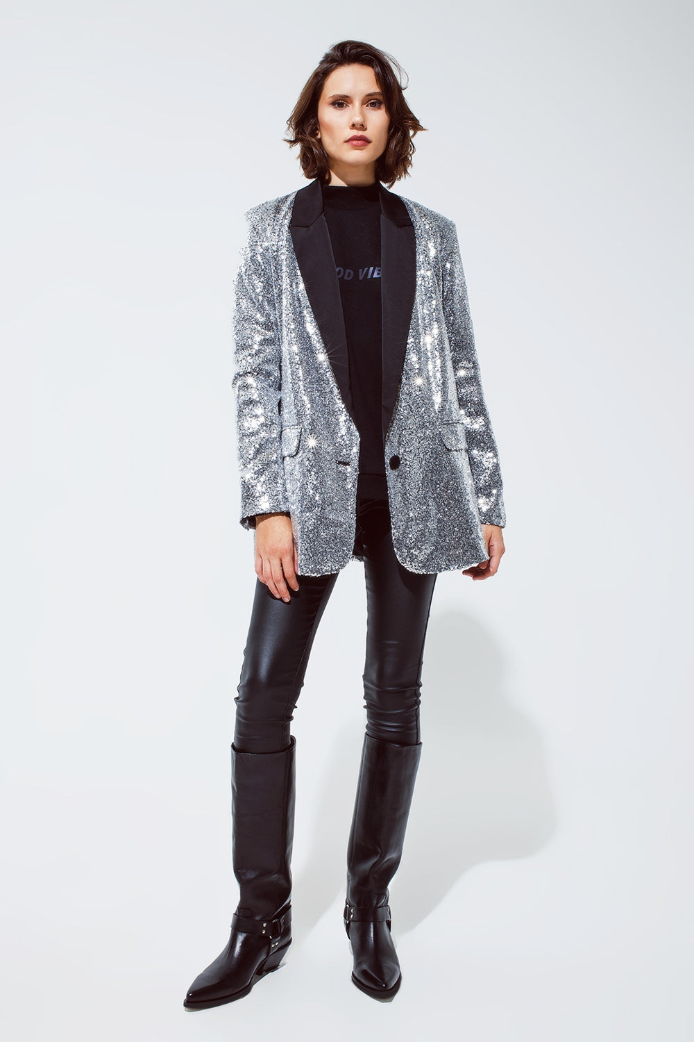 Silver Sequin tuxedo Blazer with Satin Black Lapels Q2 Coats and Jackets BoutiqueLua