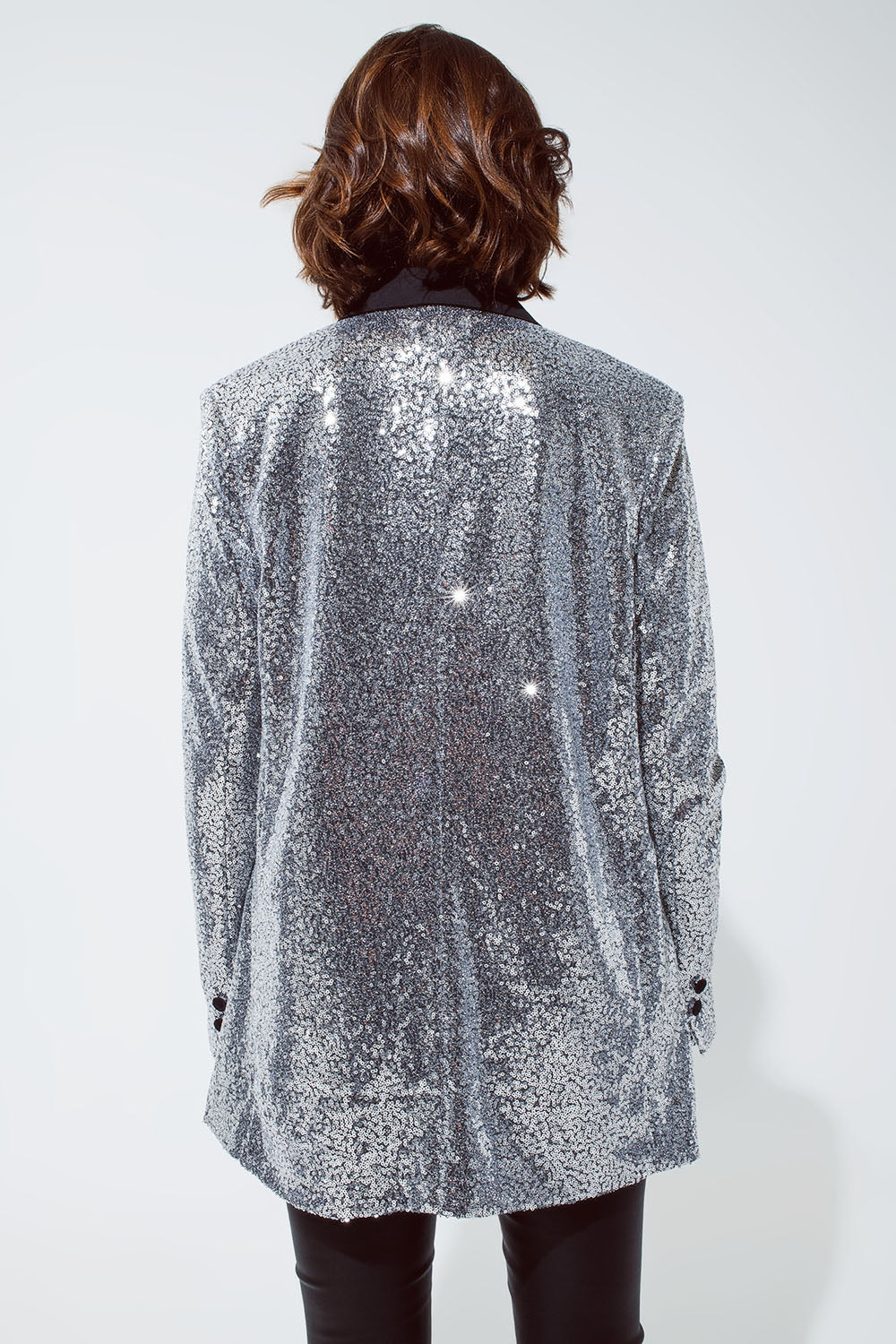 Silver Sequin tuxedo Blazer with Satin Black Lapels Q2 Coats and Jackets BoutiqueLua