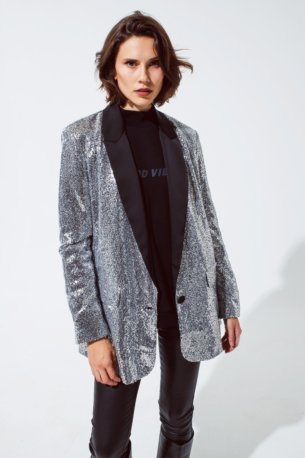 Silver Sequin tuxedo Blazer with Satin Black Lapels Q2 Coats and Jackets BoutiqueLua