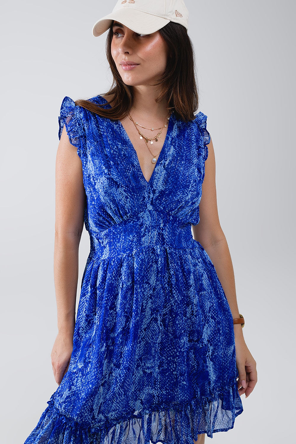 Skater Dress With Cinched Waist in Snake Blue Print With Gold Lurex Thread Q2 Dresses BoutiqueLua