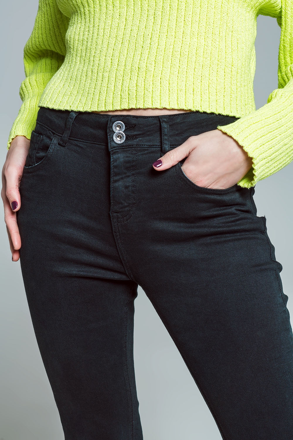 Skinny Flared Jeans With Double Button Detail in Black Q2 Jeans BoutiqueLua