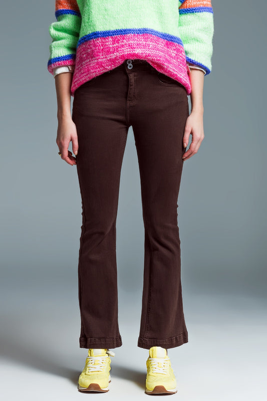 Q2 Skinny Flared Jeans With Double Button Detail in Brown