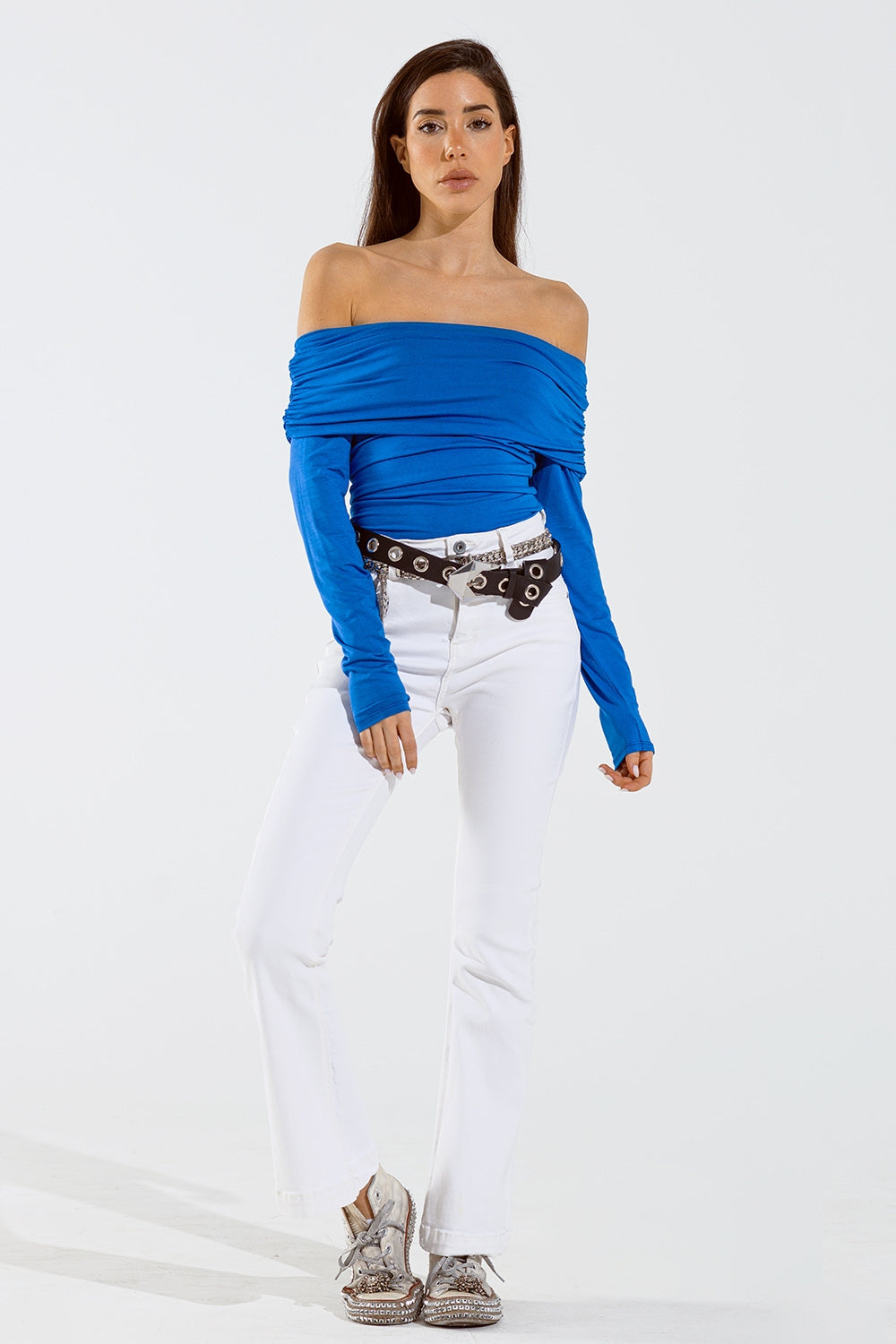 Skinny Flared Jeans With Double Button Detail in White Q2 Jeans BoutiqueLua