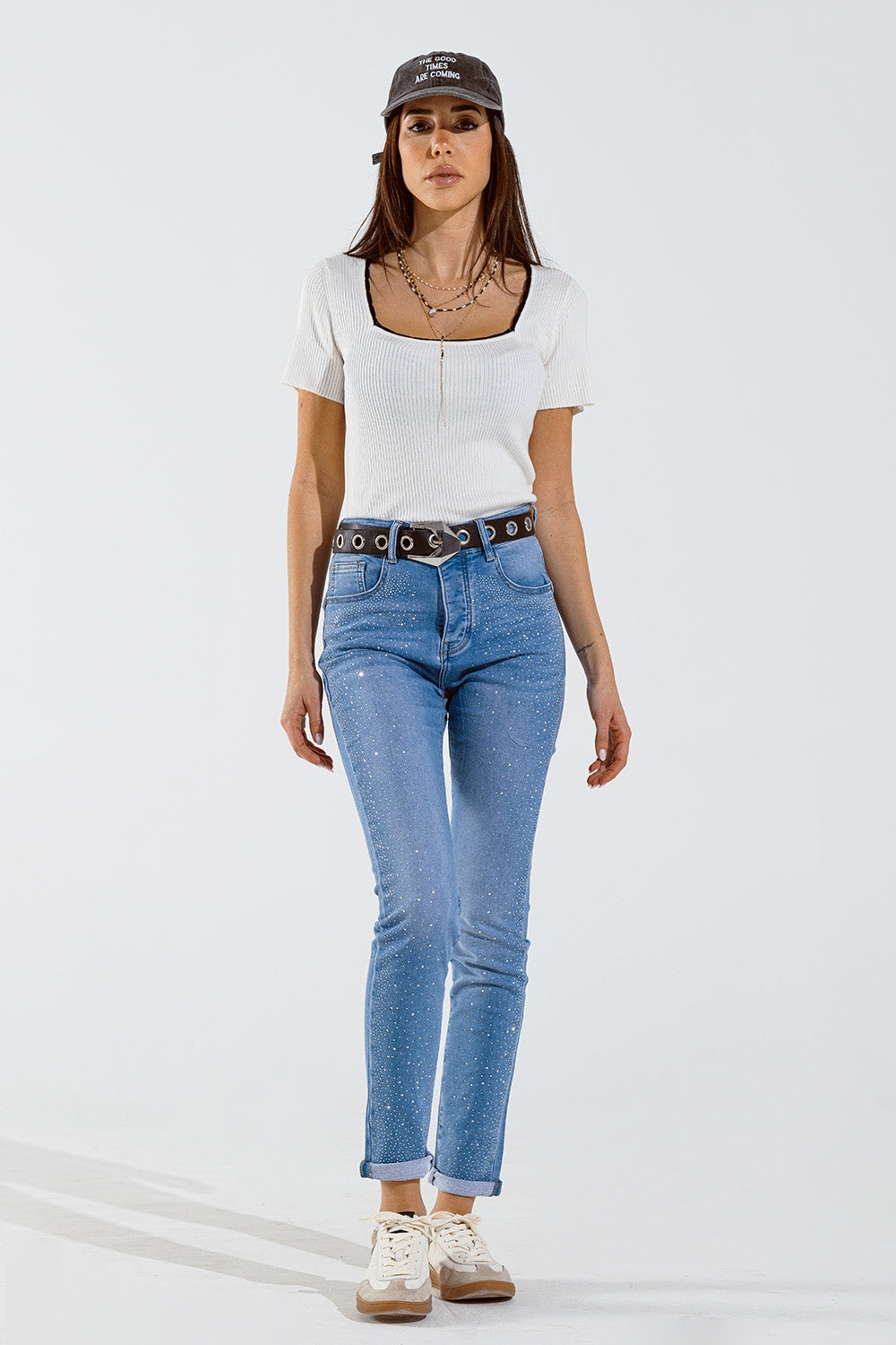 Skinny jeans in washed blue with strass all over the front Q2 Jeans BoutiqueLua