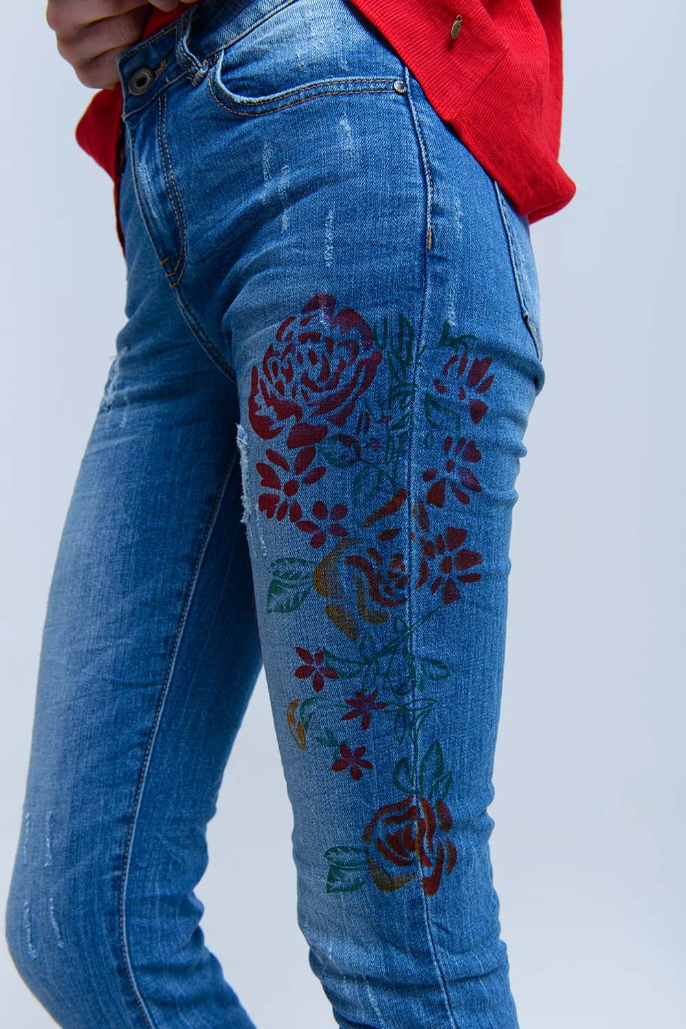 Skinny jeans with painted floral Q2 Jeans BoutiqueLua